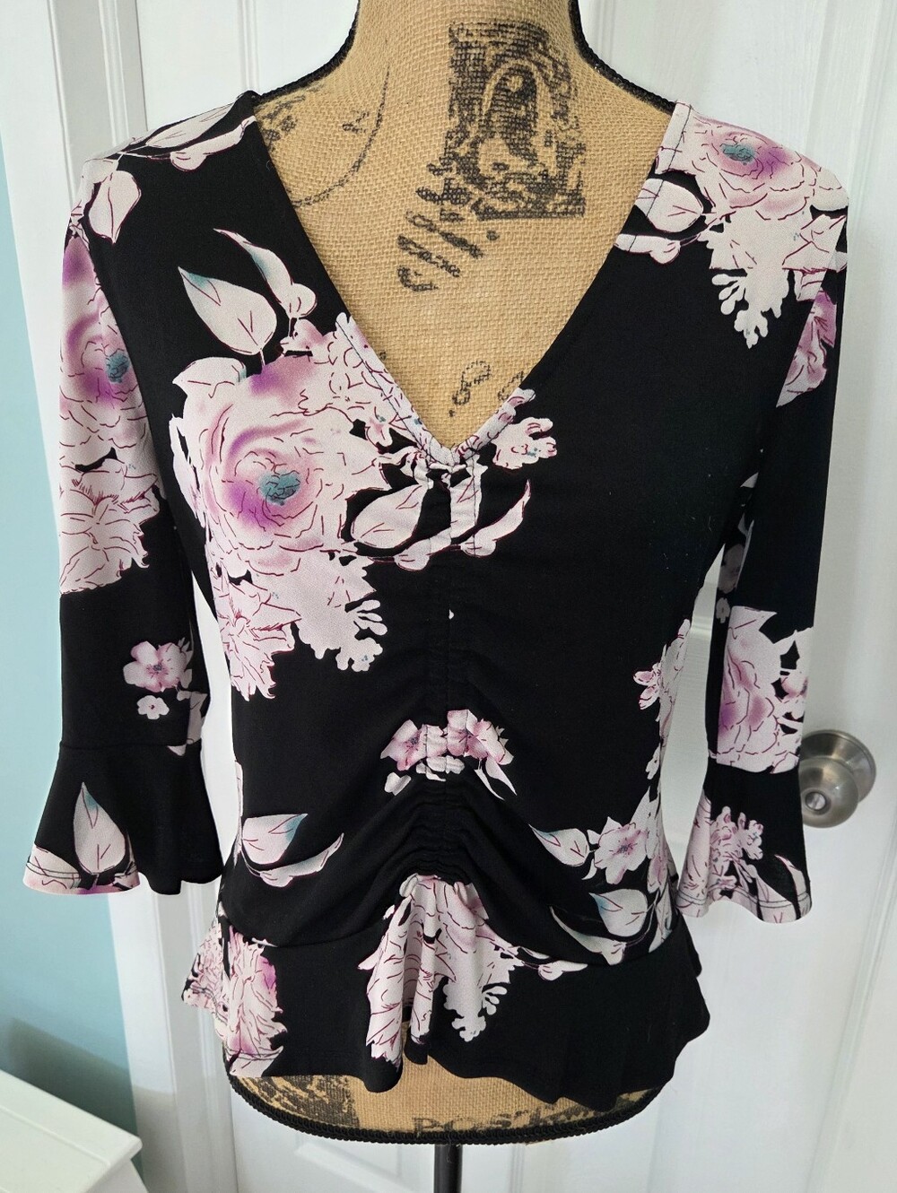 Candies Y2K Black Pink Floral Ruched Peplum V-Neck Bell Sleeve Blouse Top M